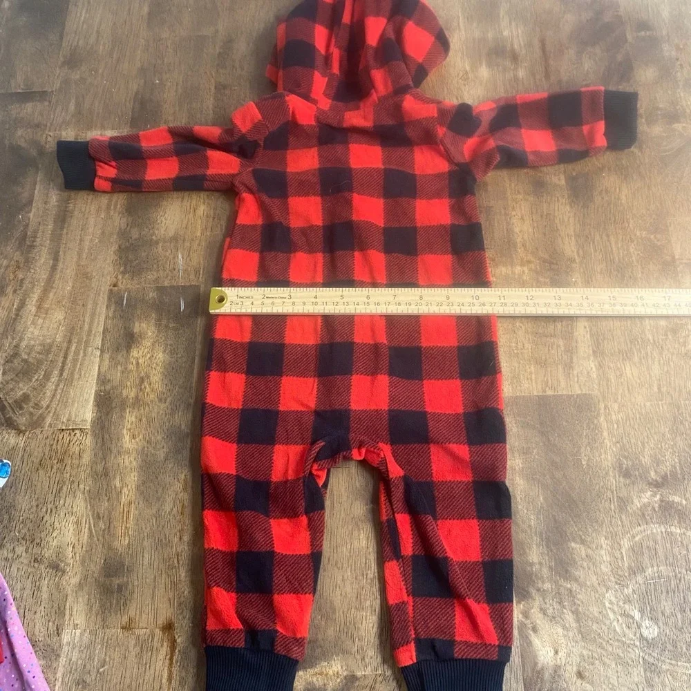Carter's Fleece Hooded Jumpsuit Baby Red Black Buffalo Plaid Excellent‎ SIZE 9M